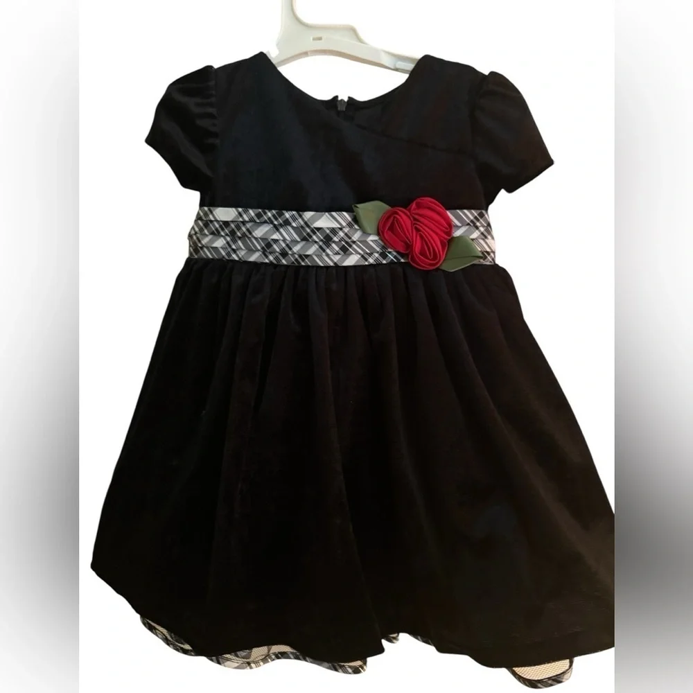 Bonnie Baby Black Velvet Holiday Dress – Size 18M Plaid Sash & Rose